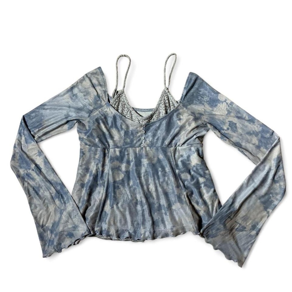 Stitch & Pine Blue Tie Dye Lace Trimmed‎ Cold Shoulder Long Sleeve Top S Fairy